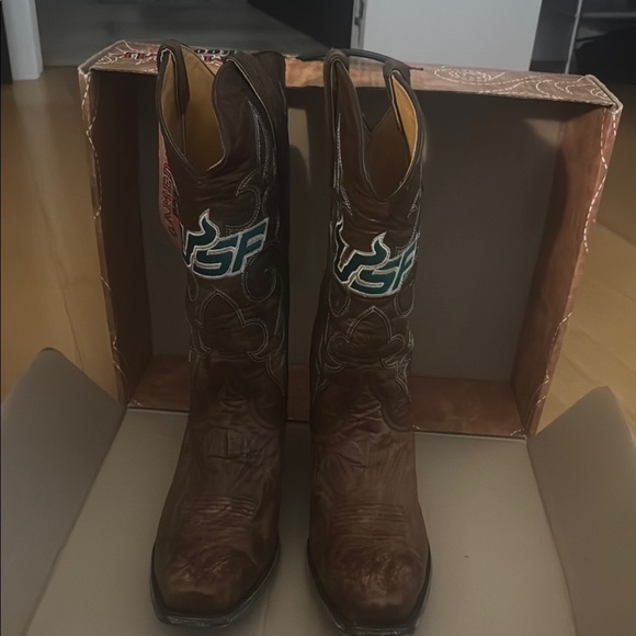Brown Leather Cowboy Boots with Embroidered Design USF game day boots - Picture 4 of 7